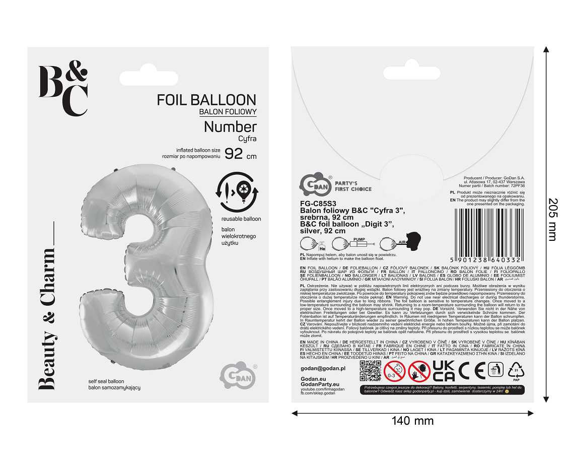 Foil balloon B&C digit 3, silver, 92 cm